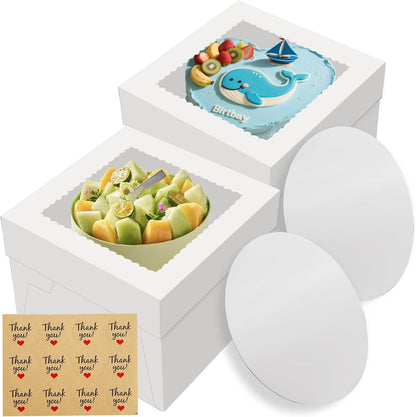 Skiennix 2 Pack Cake Boxes - 12x12x8 Inch Tall Bakery Boxes with Large Window & Cake Boards