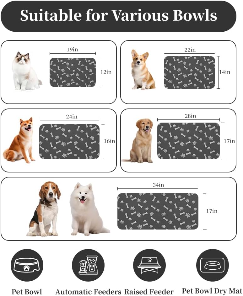 MontVoo Dog Food Mat - Quick Dry Pet Feeding Mat for Messy Drinkers | 12" x 19" Dark Grey
