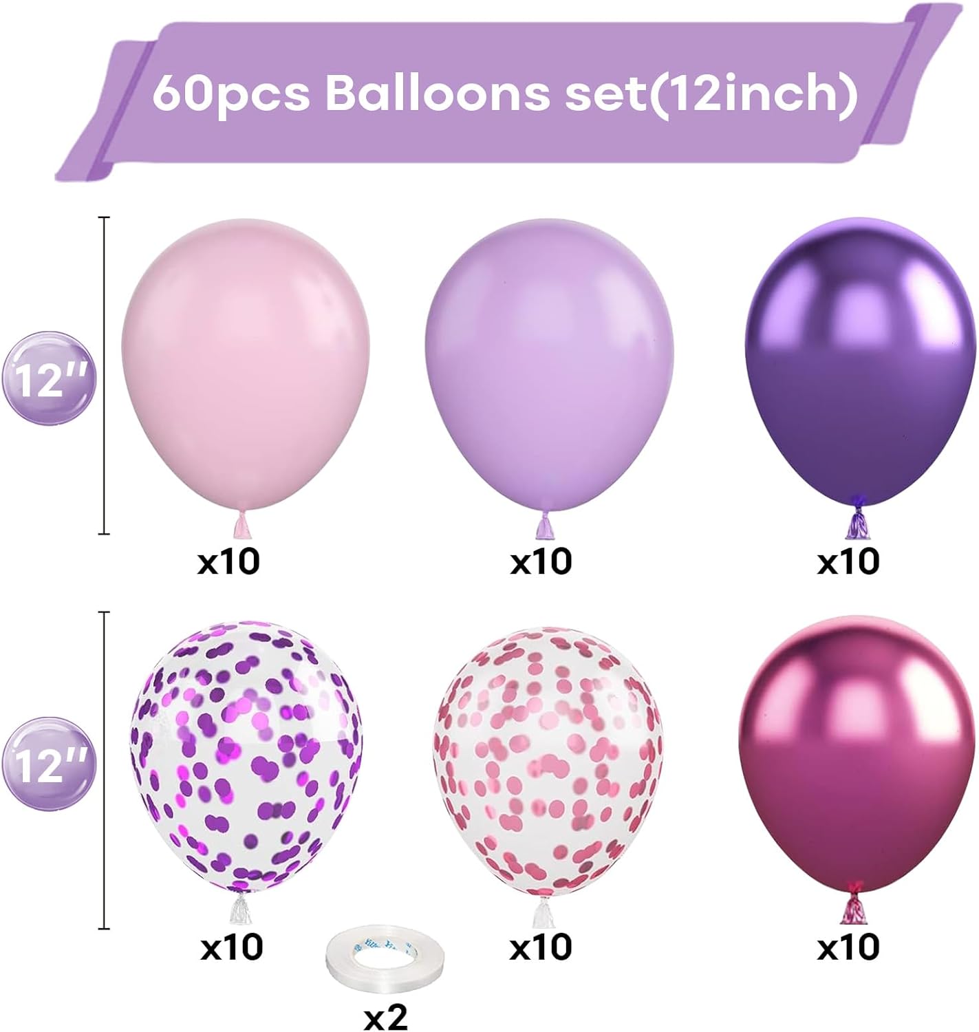 Togvu 12-Inch Metallic Purple Pink Balloons - 60 Pack Lavender & Light Pink Latex for Parties
