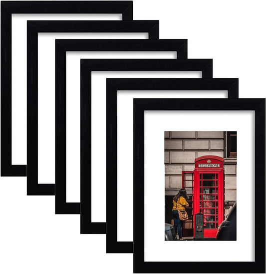 PWTAKO 8x10 Picture Frame Set of 6, Display Pictures 5x7 with Mat or 8x10 Without Mat for Wall Mounting or Table Top Display,Black