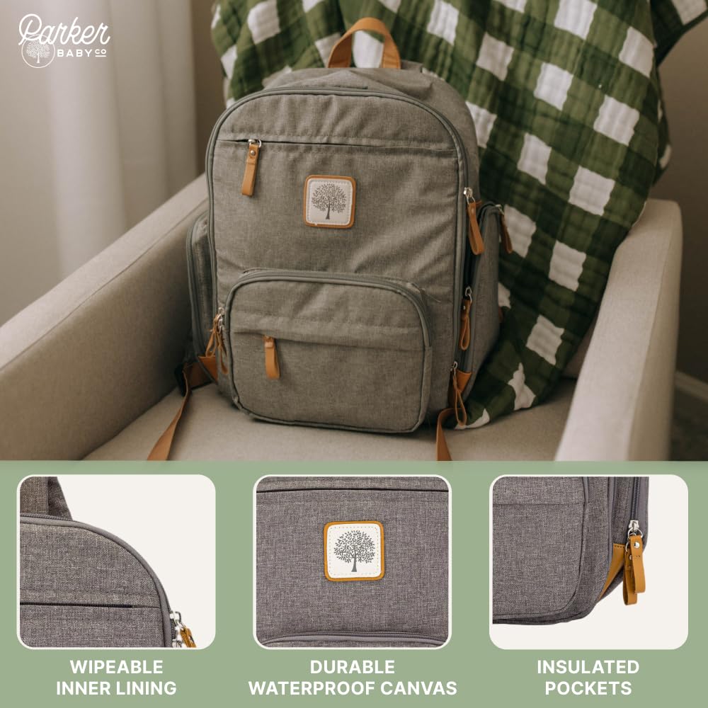 Parker Baby Diaper Backpack - Full Zip Design with Insulated Pockets - Stylish Gray Color