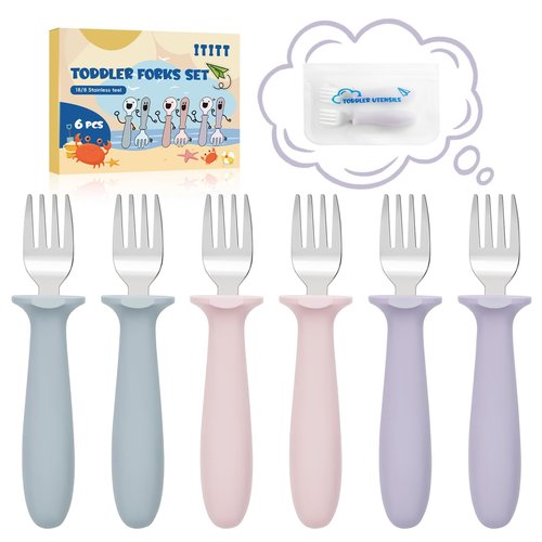 6 PCS Toddler Forks Set - Baby Forks with Silicone Handle Children Food Grade 18/8 Stainless Steel Toddler Utensils Set for Self Feeding Kids Silverware Set Safe Anti-Choke Design Dishwasher Safe