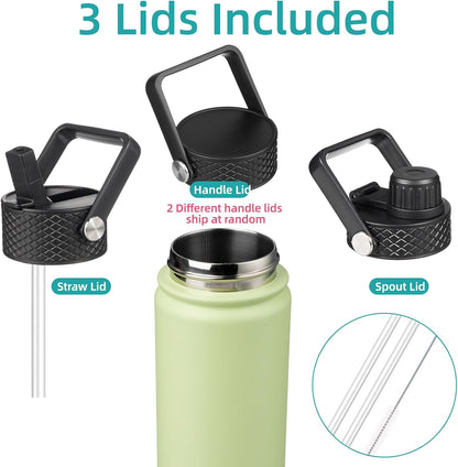Skiennix Insulated Water Bottle - 24oz Stainless Steel Sport Bottle with 3 Lids | Macaron Green