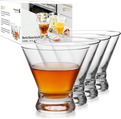 WOTOR Stemless Martini Glasses Set of 4, 8oz Cocktail Glass Set, Fancy Modern Martini Cups for Bar, Short and Small Margarita glasses
