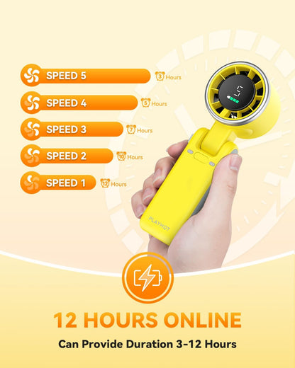 PlayHot Portable Handheld Turbo Fan - 5-Speed Rechargeable 5000mAh Battery | Lightweight 3-in-1 Design (Yellow)