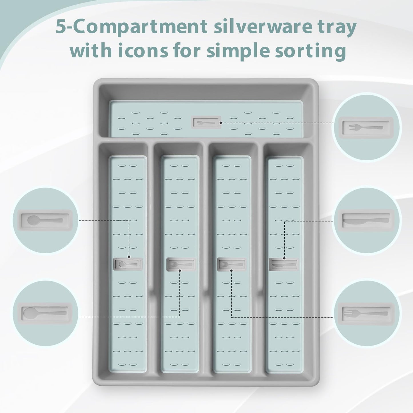 CherHome Silverware Organizer with Cutlery Icons，Silverware Tray for Kitchen Drawer，Plastic Flatware Tableware Silverware Drawer Organizer Utensil Organizer with Non-slip TPR Linings，5-Compartment