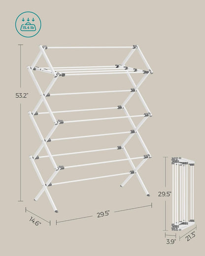 SONGMICS Foldable Clothes Drying Rack - Steel Frame Laundry Airer for Indoor/Outdoor Use | 14.6 x 29.5 x 53.2 Inches, Easy Assembly, White