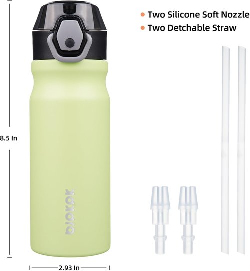 BJPKPK Insulated Water Bottle - 18oz Stainless Steel Flask with Straw & Carry Handle | Macaron Green