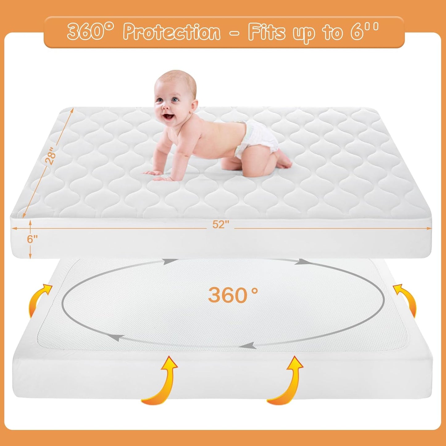 Yoofoss Waterproof Crib Mattress Protector - Soft & Breathable Quilted Pad for Standard Baby Cribs 52''x28''