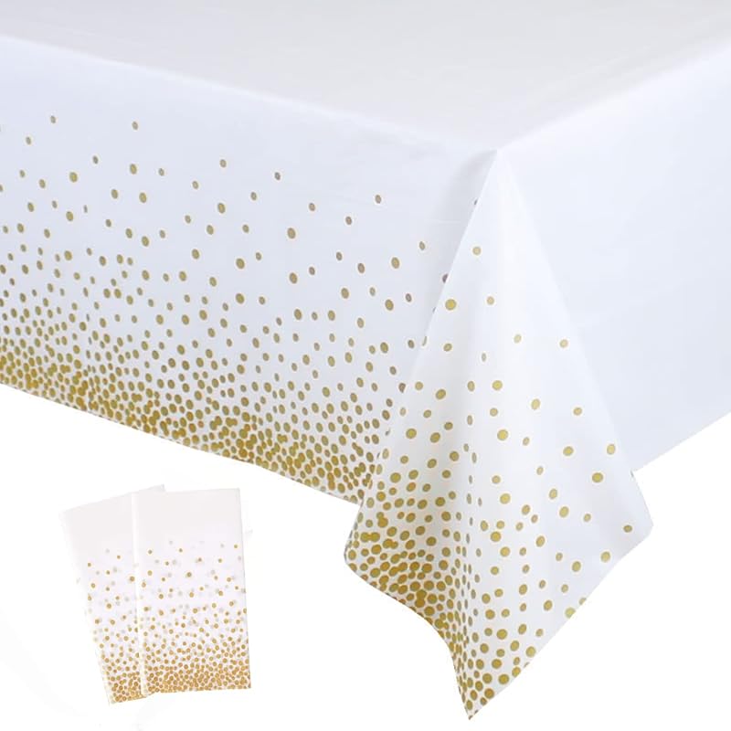 2 Pack White and Gold Disposable Tablecloths, 54 x 108 in – Rectangular Party Covers (Variation: White+2 Pack)