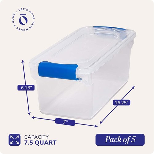 HOMZ Clear Plastic Storage Bins - 5-Pack Latching Lid Organizers, 7.5 Quart, Blue Latch | Stackable for Home & Office