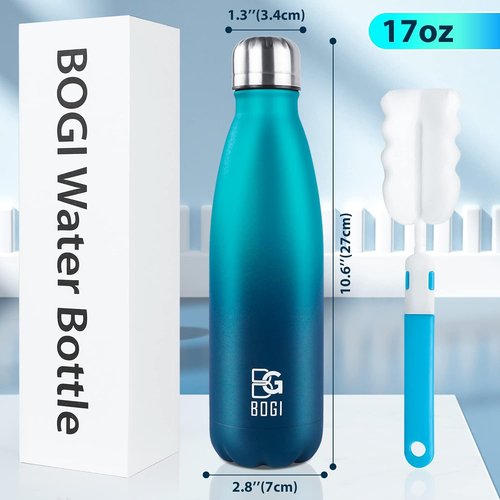 BOGI Insulated Water Bottle - 17oz Stainless Steel, Leak-Proof Design | Keeps Drinks Cold for 24 Hours, Hot for 12 Hours (Blue)