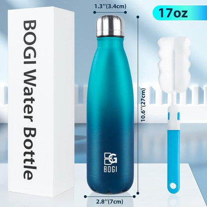 BOGI Insulated Water Bottle - 17oz Stainless Steel, Leak-Proof Design | Keeps Drinks Cold for 24 Hours, Hot for 12 Hours (Blue)