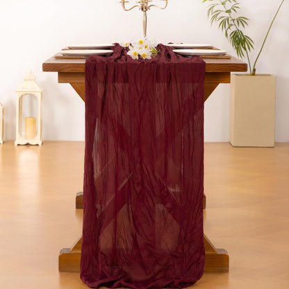 **Socomi Burgundy Red Table Runner - Boho Rustic Cheesecloth Design | 120 Inch for Weddings & Events**