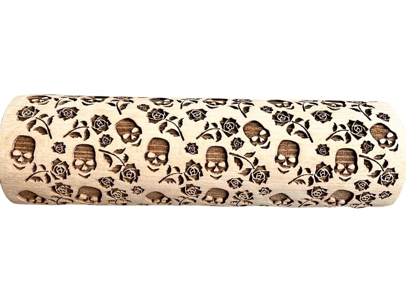 Skull Roses Embossed Rolling Pin – Beech Wood Dough Roller (7.9" Embossing Surface) - Halloween Cookie Stamp (Variation: Skull Roses)