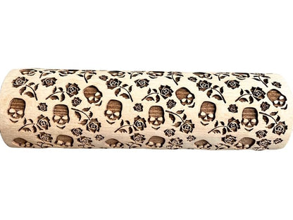 Skull Roses Embossed Rolling Pin – Beech Wood Dough Roller (7.9" Embossing Surface) - Halloween Cookie Stamp (Variation: Skull Roses)