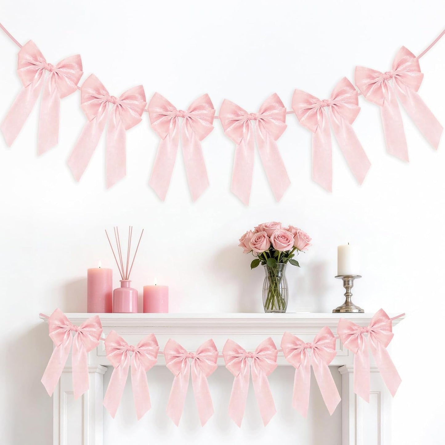 Skiennix 6.5ft Pink Bows Garland Banner - 6 Pre-Strung Bow Decorations for Birthday & Baby Showers