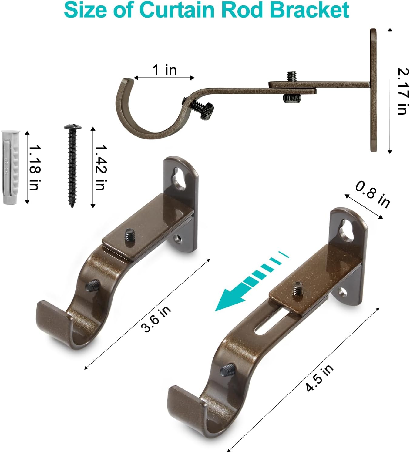 Skiennix Adjustable Curtain Rod Brackets - Metal Drapery Hanger Holders for 1 Inch Rods | Brown, Set of 2