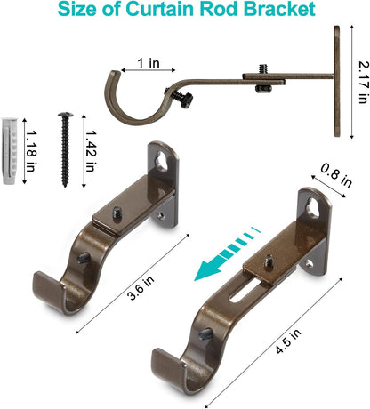 Skiennix Adjustable Curtain Rod Brackets - Metal Drapery Hanger Holders for 1 Inch Rods | Brown, Set of 2