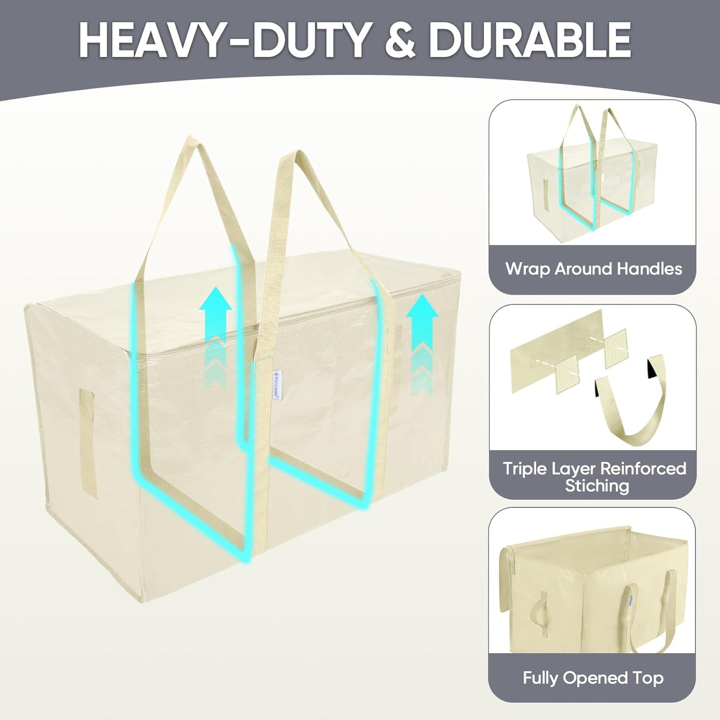 TICONN Extra Large Moving Bags - Heavy Duty Storage with Zippers & Handles | 4 Pack, Cream