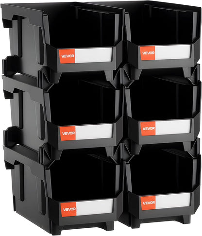 VEVOR Stackable Plastic Storage Bins - 6 Pack Organizing Containers for Closet, Garage, Office | 14.8 x 8.5 x 7.1 Inch, Black