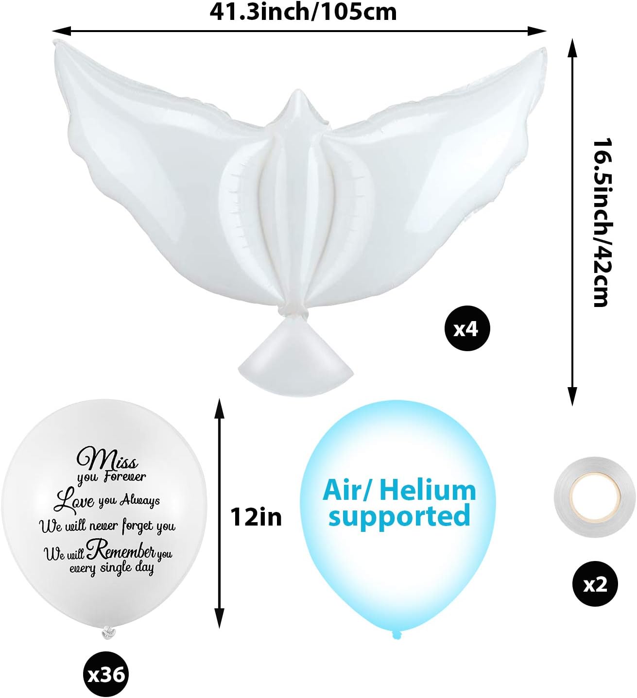 Skylety Memorial Balloons - 36 Pcs with 4 Peace Dove Balloons for Funerals & Remembrance (White)