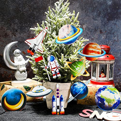 Outer Space Wooden Ornaments for Christmas Tree - Astronaut Theme Decor, 30 Pack