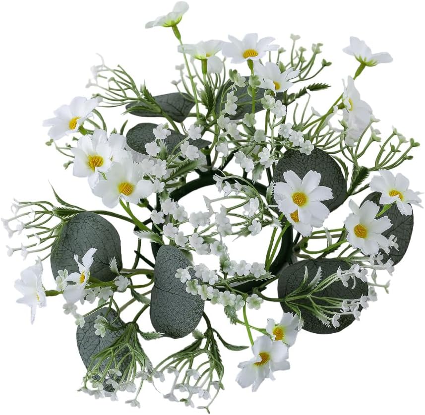 Skiennix Candle Rings - Artificial Daisy Flower Wreaths with Green Leaves | 3-Inch Diameter, White