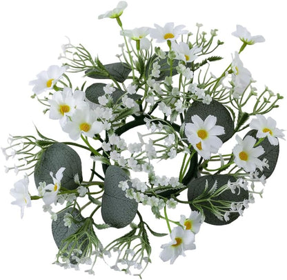 Skiennix Candle Rings - Artificial Daisy Flower Wreaths with Green Leaves | 3-Inch Diameter, White