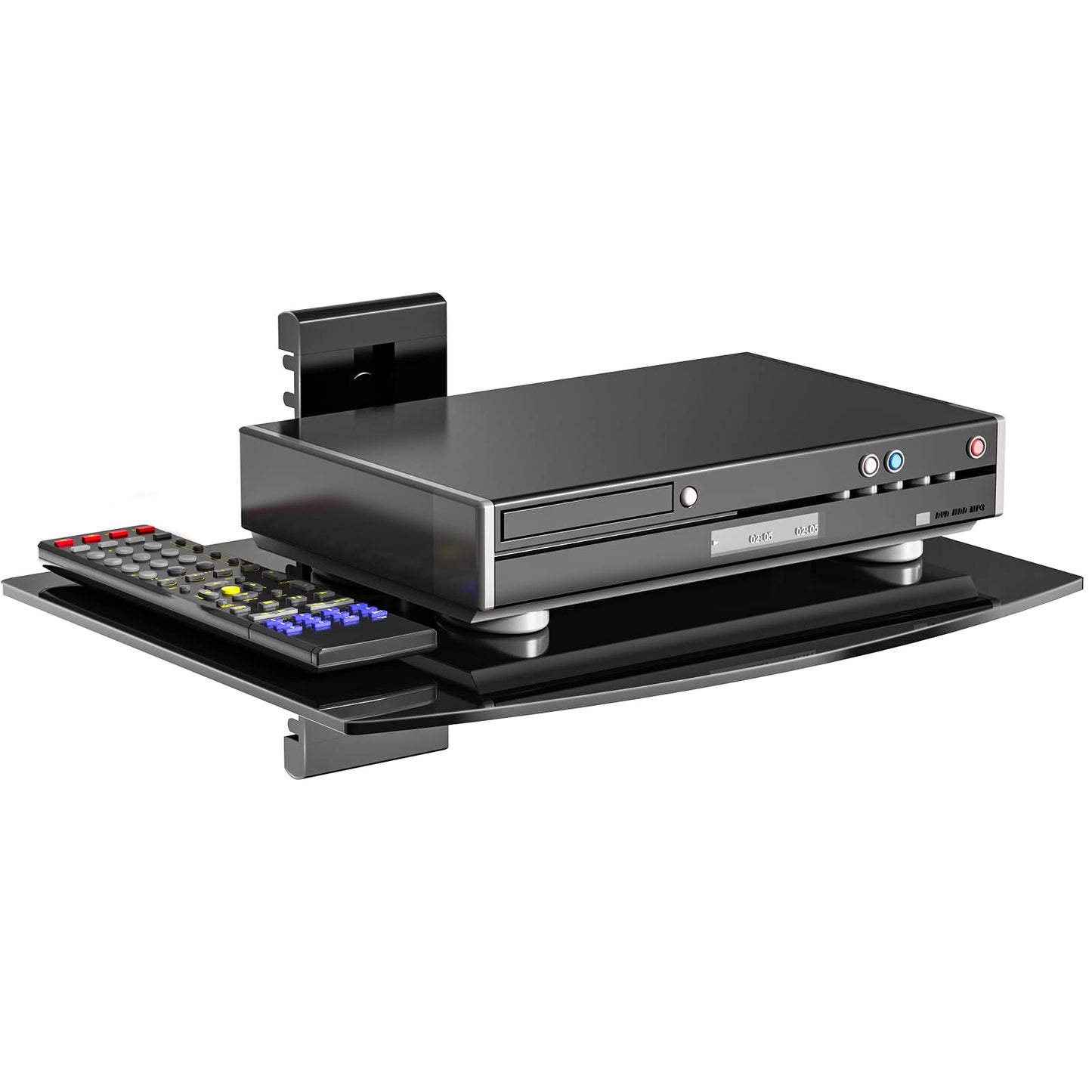 WALI Floating TV Shelf, 1 Tier Glass Projector Shelf for DVD Players, Routers, Game Consoles, Cable Boxes, Living Room Decor, Wall Mount Shelves Hold Up to 17.6lbs (CS201B), 1-Shelf, Black