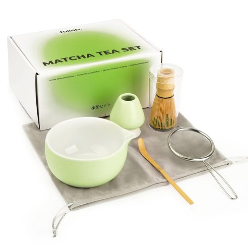 Joiish Matcha Kit Set, Ceramic Matcha Bowl with Spout & Holder, Bamboo Whisk, Sifter, Scoop, Traditional Japanese Matcha Tea Making Tools, Complete Gift Set 5-PC