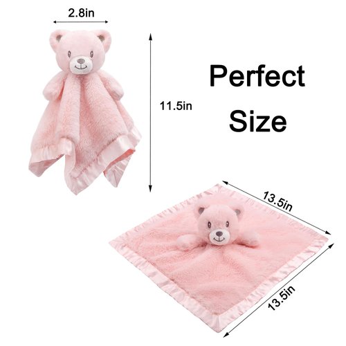 BEILIMU Baby Bear Security Blanket Soft Minky Baby Lovey Animal Plush Blanket Unisex Lovie Gift for Toddler, Boys and Girls, 16 Inch Pink