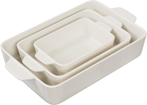 Kook Ceramic Bakeware Set - Versatile Rectangular Dishes for Casseroles & Lasagna | Set of 3, Ivory