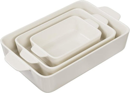 Kook Ceramic Bakeware Set - Versatile Rectangular Dishes for Casseroles & Lasagna | Set of 3, Ivory