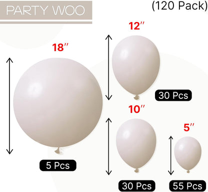 PartyWoo White Sand Balloons - 120pcs Boho Neutral Balloon Arch Kit | 5-18 Inch Sizes for Weddings & Parties
