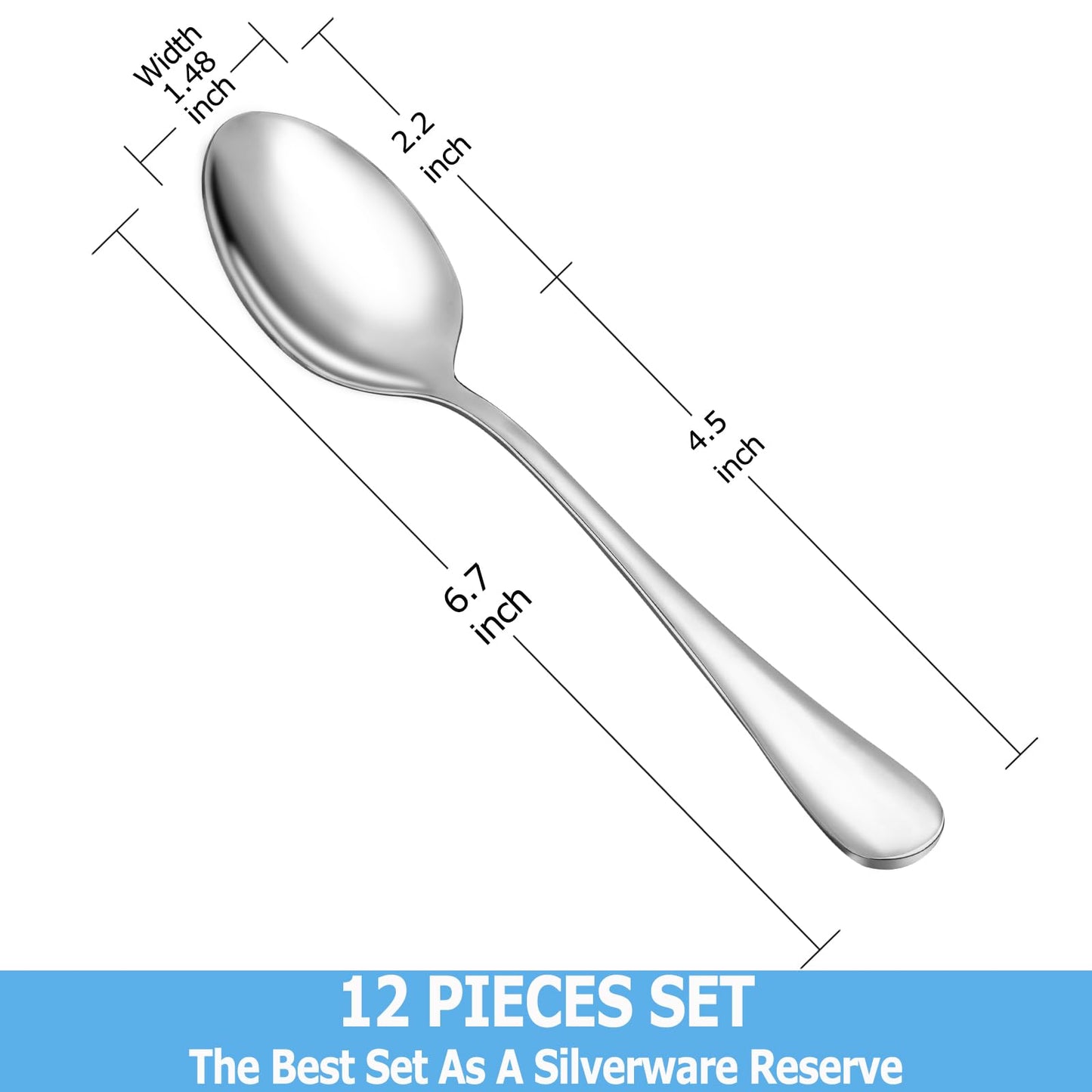 12 Piece Teaspoons Set,Food Grade 18/10 Stainless Steel Tea Spoons,Durable Small Spoons,Metal Dessert Spoon,Spoons Silverware for Home,Kitchen or Restaurant,Mirror Polished & Dishwasher Safe,6.7-Inch