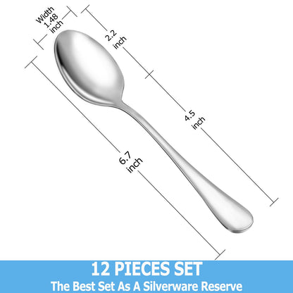 12 Piece Teaspoons Set,Food Grade 18/10 Stainless Steel Tea Spoons,Durable Small Spoons,Metal Dessert Spoon,Spoons Silverware for Home,Kitchen or Restaurant,Mirror Polished & Dishwasher Safe,6.7-Inch