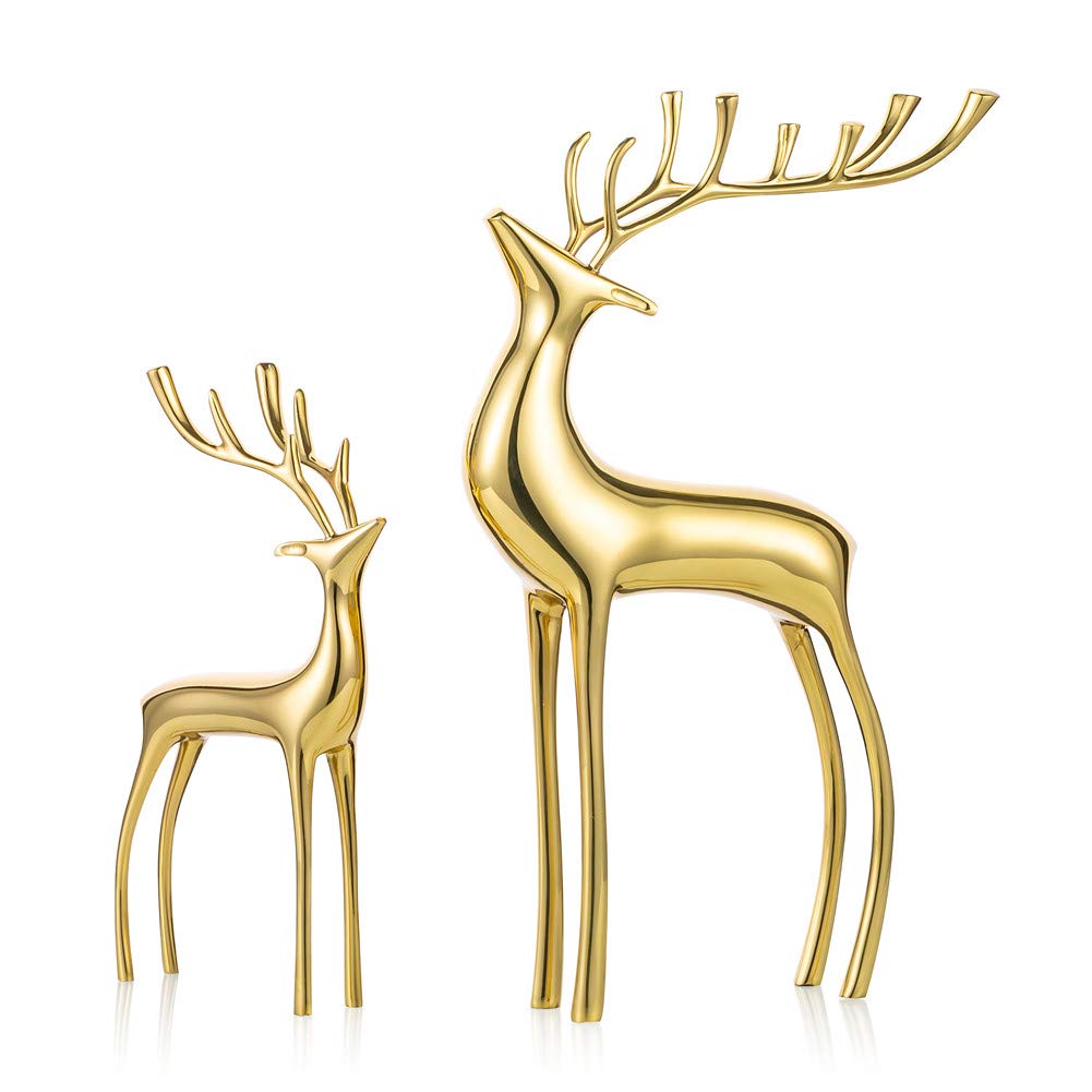 Sziqiqi Reindeer Figurine Statues Deluxe Set of 2, Christmas Deer Pure Copper Heavy Reindeer Ornaments for Home Decor Accents Living Room Office Bookself Tabletop Mantle Christmas Decoration, Gold