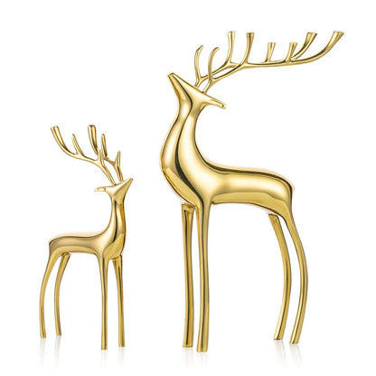 Sziqiqi Reindeer Figurine Statues Deluxe Set of 2, Christmas Deer Pure Copper Heavy Reindeer Ornaments for Home Decor Accents Living Room Office Bookself Tabletop Mantle Christmas Decoration, Gold