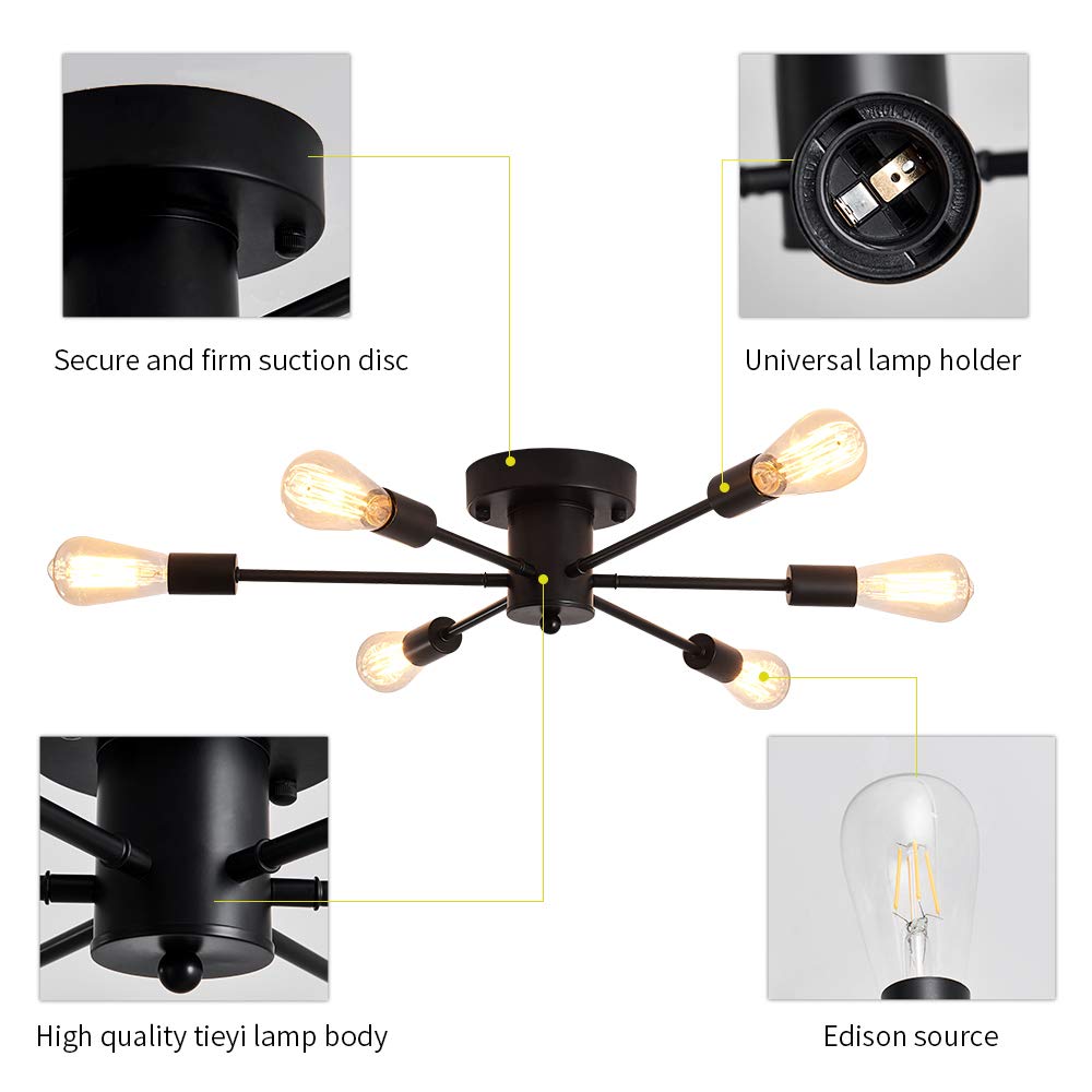 UOFUS 6 Lights Sputnik Semi Flush Mount Ceiling Light Matte Black Modern Edison Chandelier Industrial Close to Ceiling Light for Farmhouse Dining Room Kitchen Bedroom Living Room Study