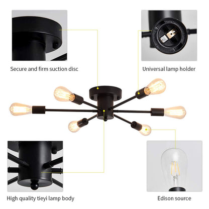 UOFUS 6 Lights Sputnik Semi Flush Mount Ceiling Light Matte Black Modern Edison Chandelier Industrial Close to Ceiling Light for Farmhouse Dining Room Kitchen Bedroom Living Room Study