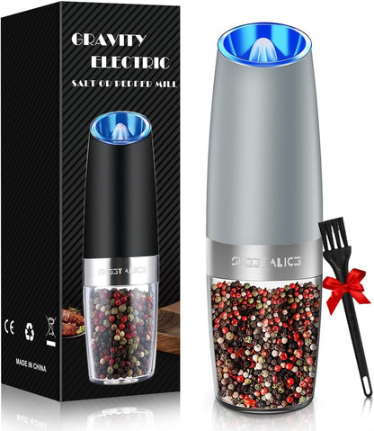 Gravity Electric Pepper/Salt Grinder, Salt or Pepper Mill & Adjustable Coarseness, Battery Powered with LED Light, One Hand Automatic Operation, Stainless Steel (Single/Light Grey)