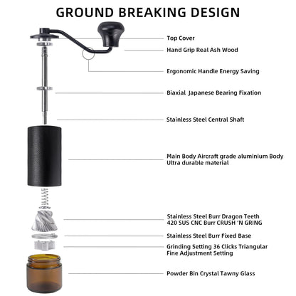 TRINIDa Manual Coffee Grinder, Premium 420 SUS CNC 38mm Burr Coffee Bean Grinder with Visible Glass Bin, Adjustable Small Burr Coffee Bean Grinders for Camping and Travelling