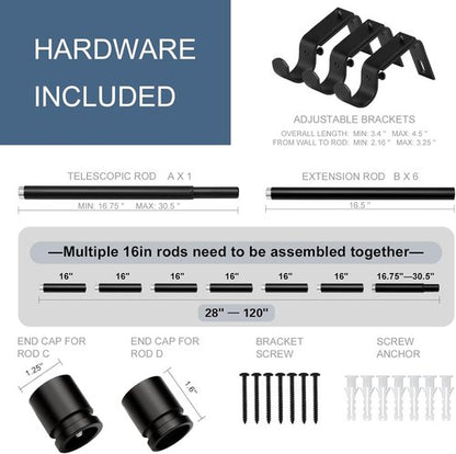 Byondeth Heavy Duty Curtain Rod - Adjustable 28 to 120 Inches | 1 Inch Diameter with Aluminum Finials - Black