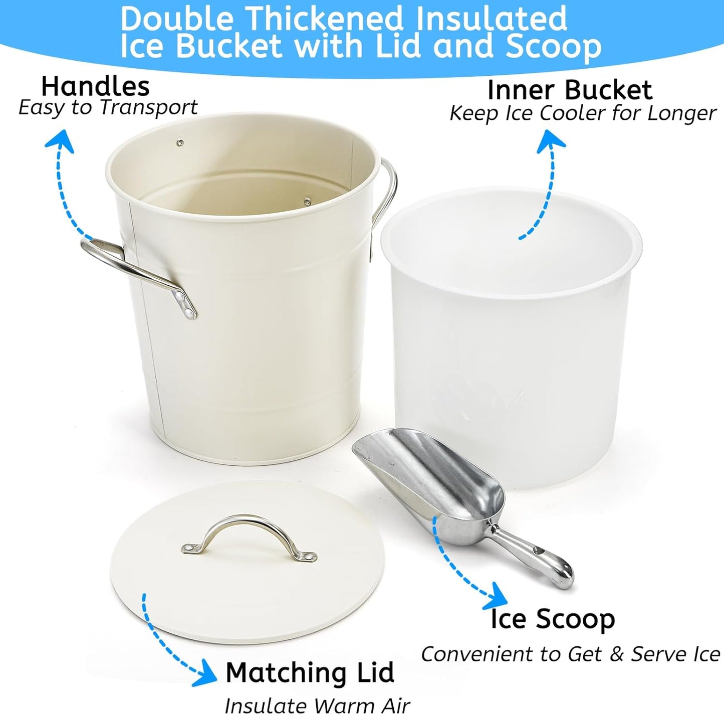 YOUEON 4L Ice Bucket with Scoop and Lid, Double Walled Insulated Wine Bucket Chiller with Carry Handles, Beverage Tub for Cocktail Party, Camping, BBQ, Indoor & Outdoor Use, White