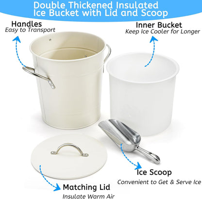 YOUEON 4L Ice Bucket with Scoop and Lid, Double Walled Insulated Wine Bucket Chiller with Carry Handles, Beverage Tub for Cocktail Party, Camping, BBQ, Indoor & Outdoor Use, White