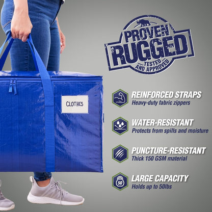Rugged Rhino Heavy Duty Extra Large Moving Bags - Durable, Space-Saving Storage with Strong Handles & Zipper | Blue/Clear, 4 Pack