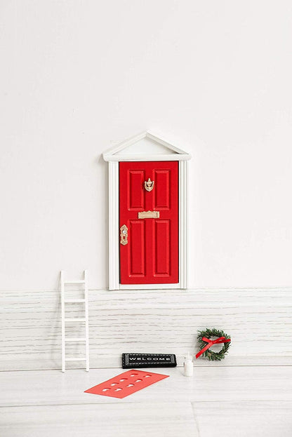 Skiennix Christmas Elf Door Kit - Miniature Wooden Elf Decoration for Wall | Magical Red Design