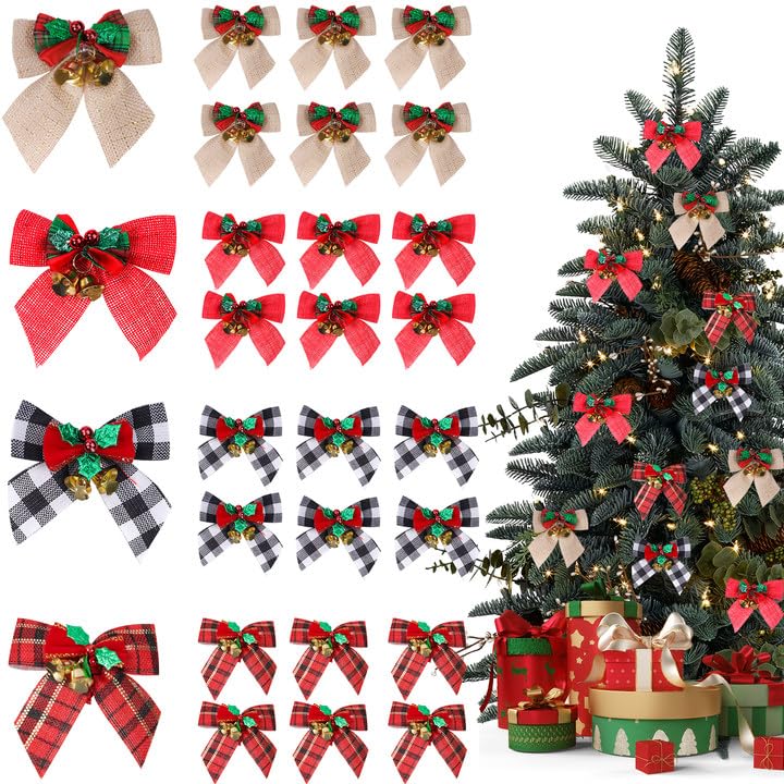 24 Pack Christmas Tree Bows with Jingle Bells Linen Buffalo Plaid Holiday Decor