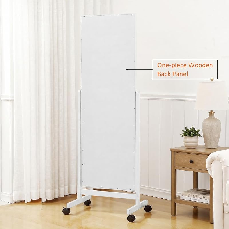 Full Length Mirror with Wheels 65 x 22 in Freestanding White Wood Frame - Adjustable Tilt
